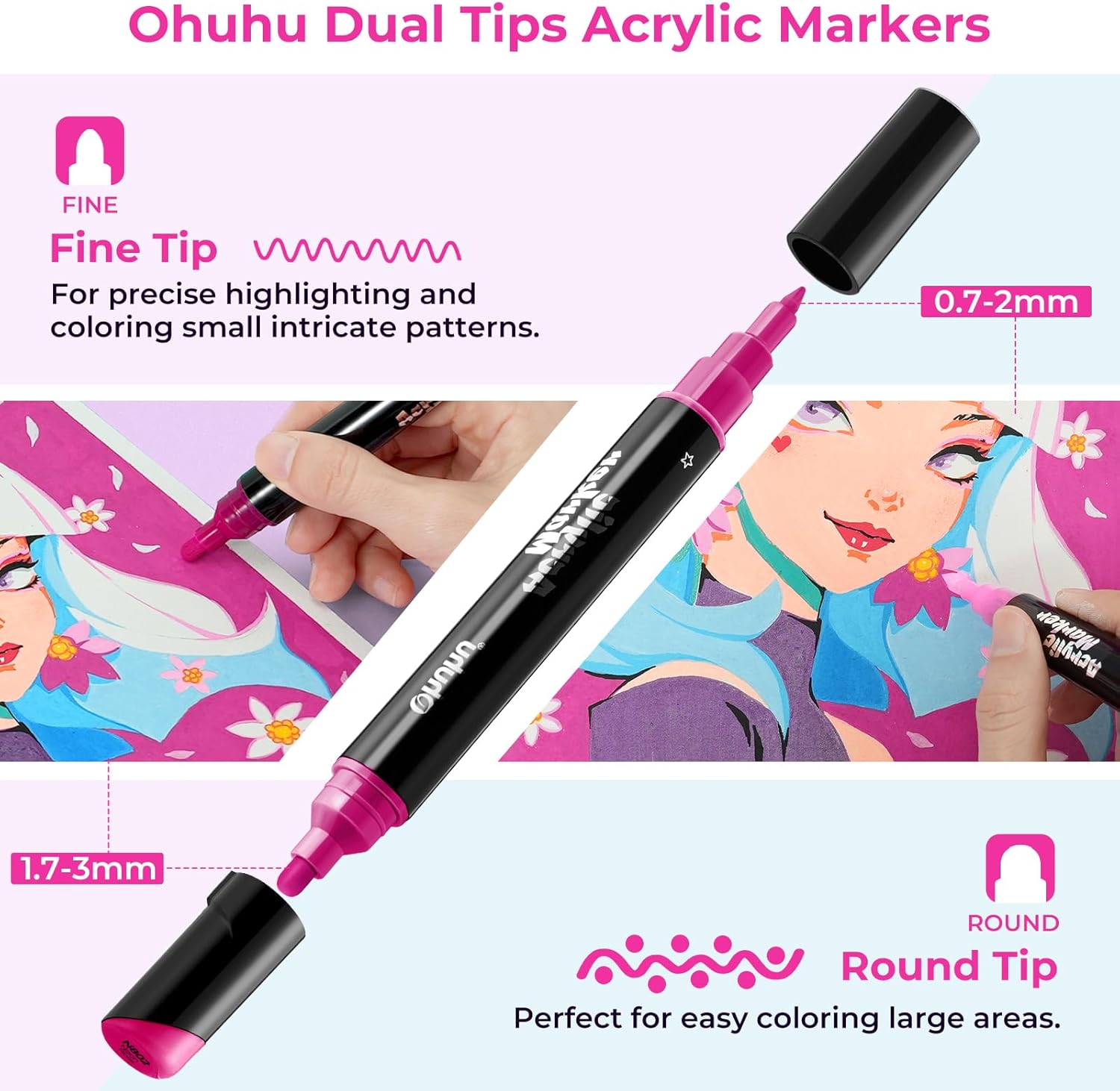 Thumbnail 2 de Ohuhu Acrylic Paint Pens 90 Colours (Dual Tips: Round & Fine) – waterproof, lightfast acrylic markers