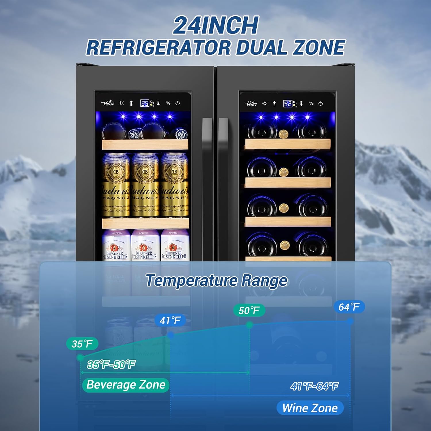 Detalle de Velivi KMYL120B 24-Inch Dual-Zone Wine and Beverage Refrigerator
