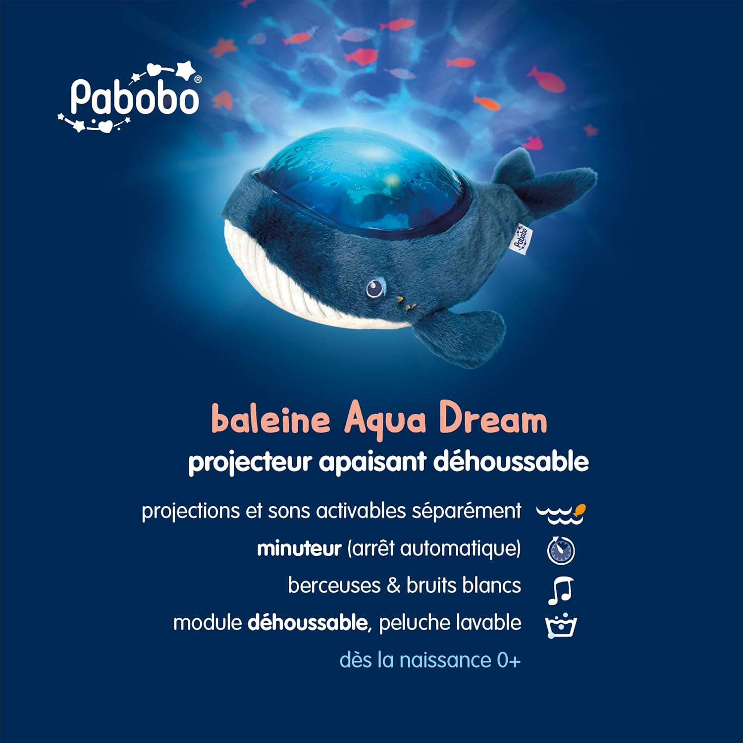 Thumbnail 2 de Pabobo Veilleuse peluche projecteur Baleine Aqua Dream : projections aquatiques, berceuses et bruits blancs