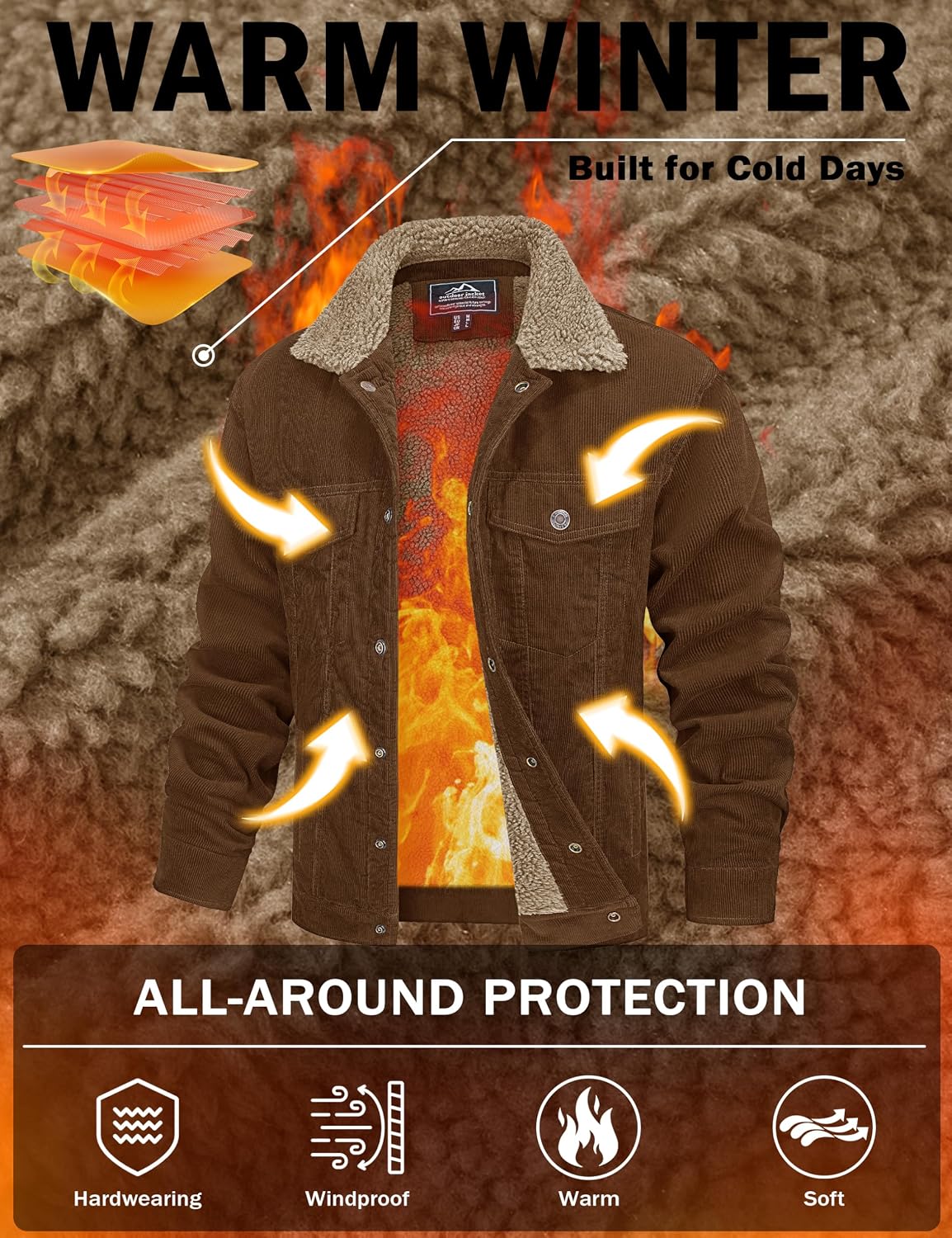 Detalle de MAGCOMSEN Men's Corduroy Jacket with Sherpa Lining and 5 Pockets