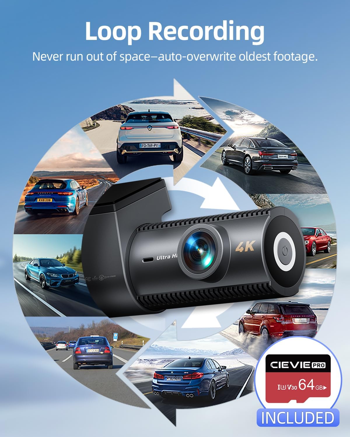 Thumbnail 2 de CIEVIE Dash Cam Front and Rear (4K) – 64GB, 1.5" IPS Display, 5GHz Wi‑Fi, 24/7 Parking, G‑Sensor