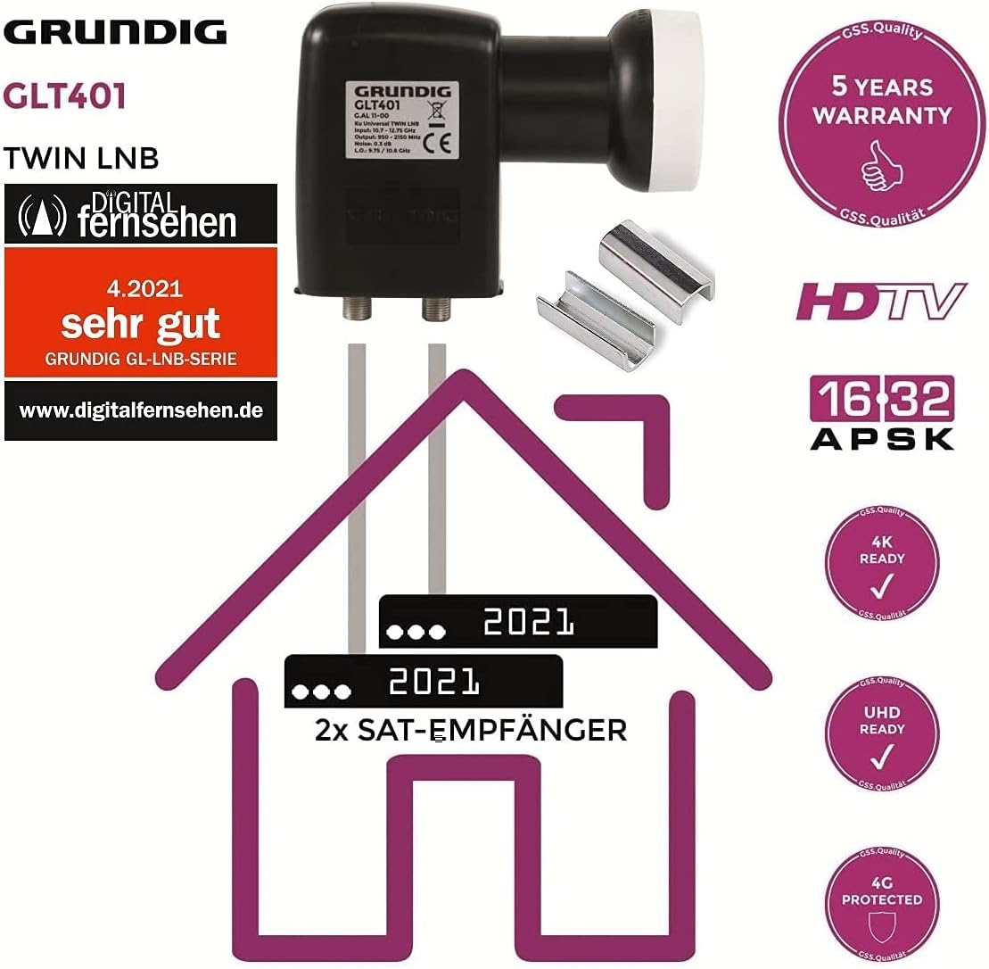 Thumbnail 2 de GSS Twin LNB für digitale Sat-Schüssel – 2-Teilnehmer, LTE-Filter, Wetterschutz (0,1 dB) + Aufdrehhilfe