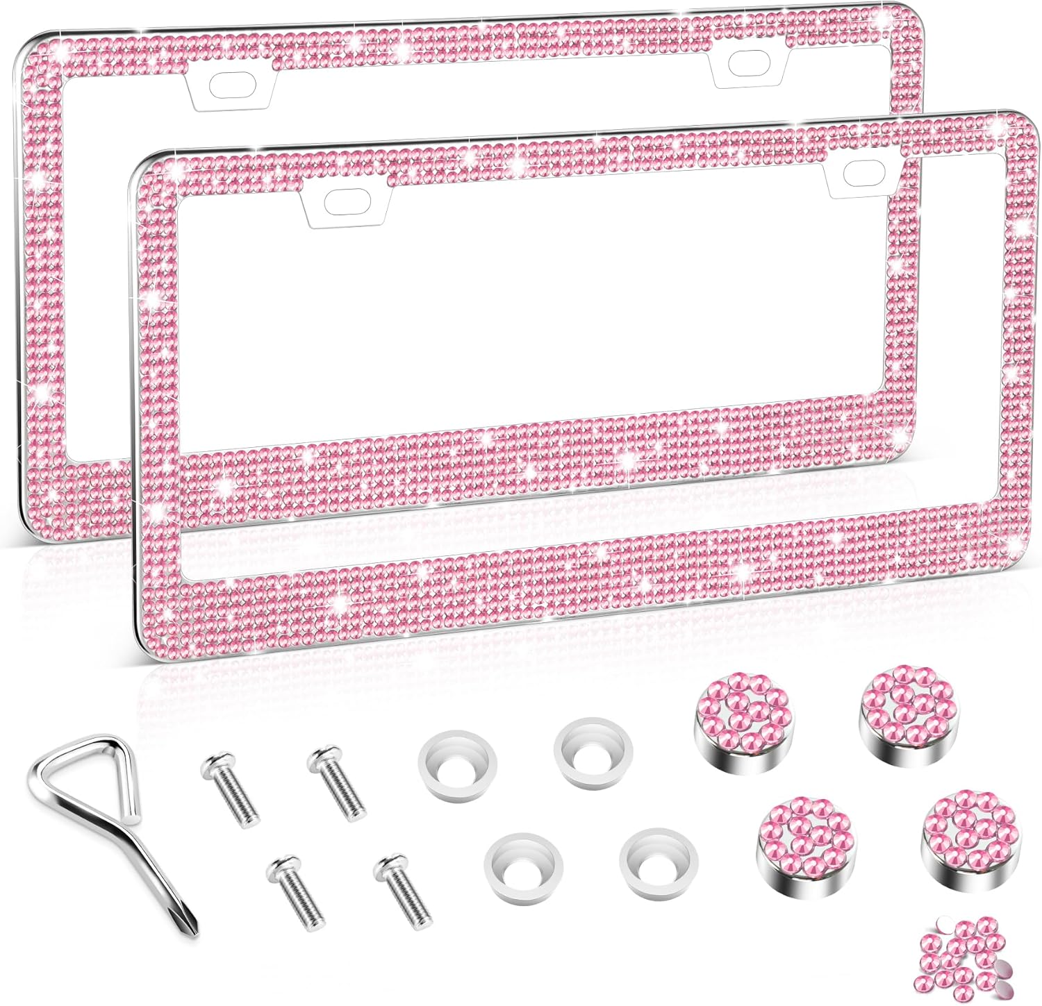 Detalle de Amiss Bling women’s license plate frame (2-pack) with rhinestone sparkle caps – Pink stainless steel