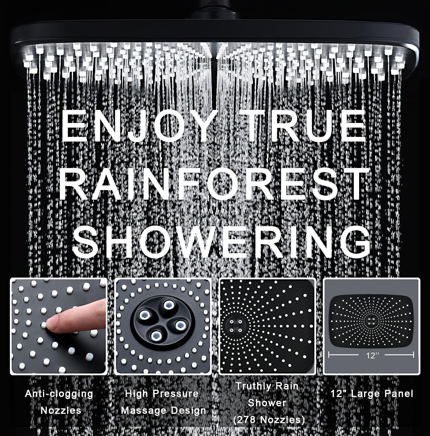 Detalle de BOZYBO Rain Shower Head with Handheld: 12-Inch Rainfall Head + 9-Mode Hand Shower, Magnetic Dock, Power Jets