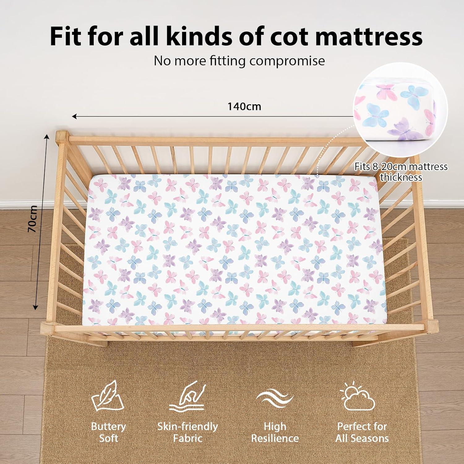 Thumbnail 2 de FIEMOL Cot Bed Sheets 140 x 70cm Fitted, 3 Pack – Pink Butterfly Flower