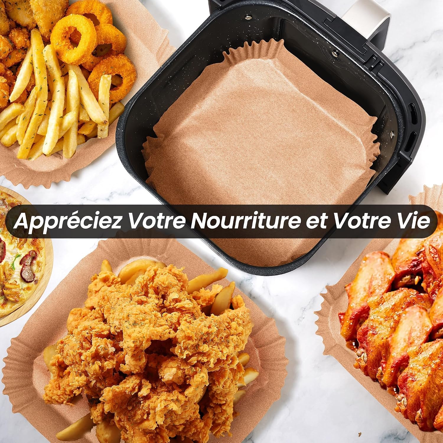 Thumbnail 6 de KitchenBoss Papier Cuisson Air Fryer - 120 feuilles carrées 20-24 cm, Bord antiadhésif et sans danger alimentaire