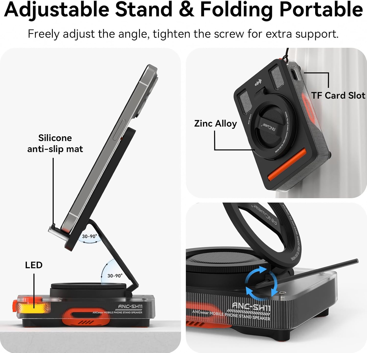 Thumbnail 1 de ANCwear Support portable pour téléphone et haut-parleur Bluetooth — son HD, design pliable