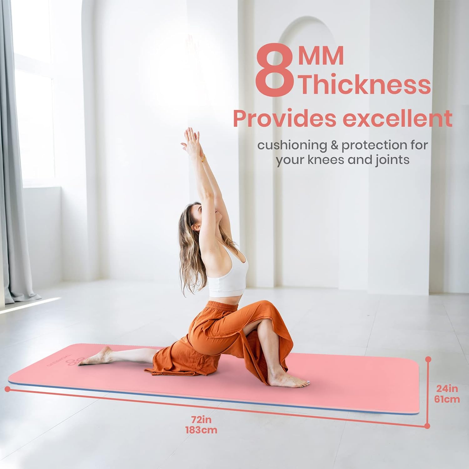 Detalle 2 de OVERMONT Yogamat Pink TPE Yoga Mat, 8 mm, Dual-Sided Grip, 72 x 24 in