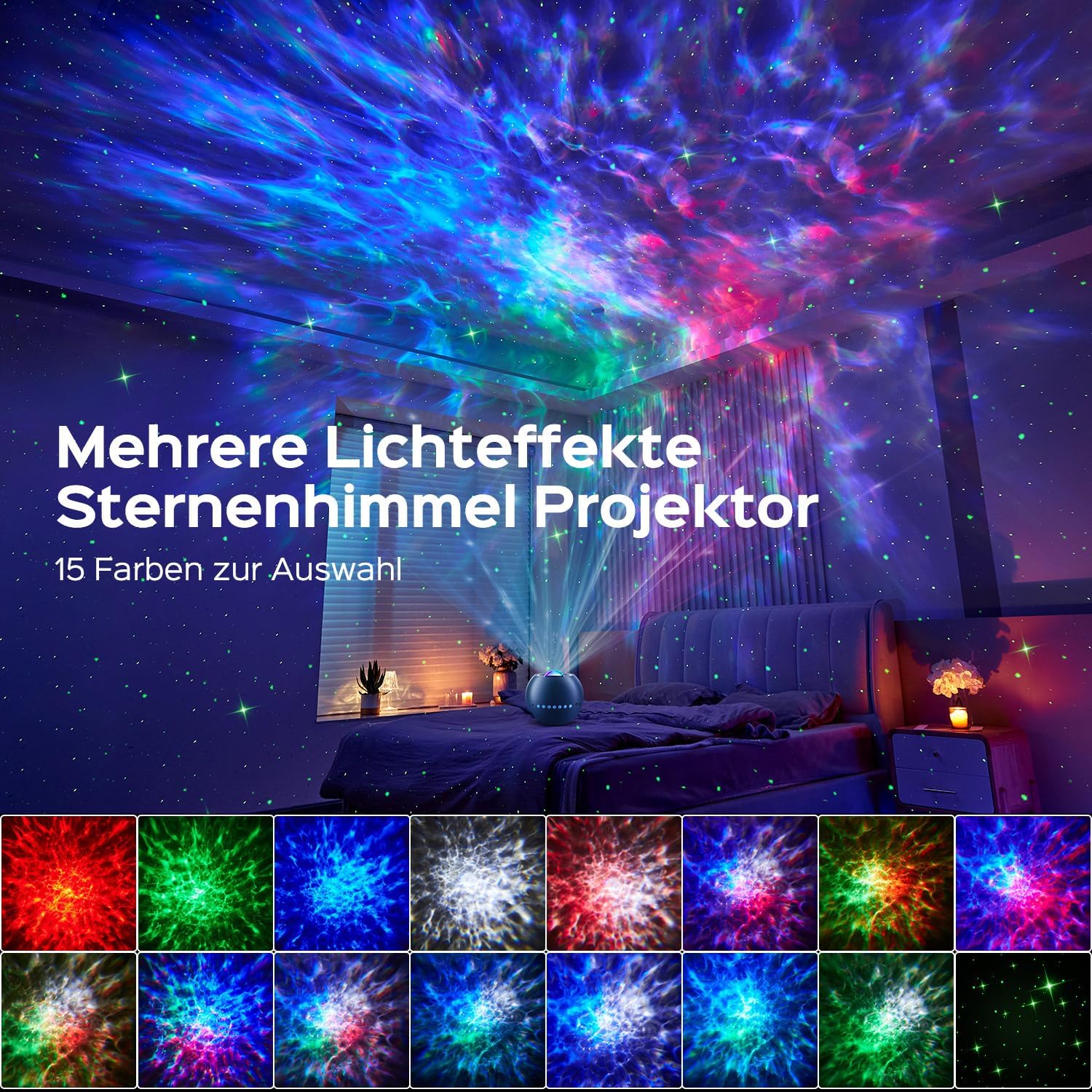 Detalle de One Fire Sternenhimmel Projektor – 15 Farben, 15 Einschlaflieder, Bluetooth & Fernbedienung