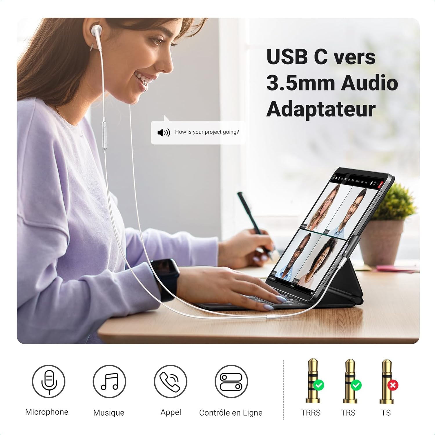 Detalle de UGREEN Adaptateur USB C vers Jack 3,5 mm TRRS coudé 90° – Hi‑Fi, Plug & Play
