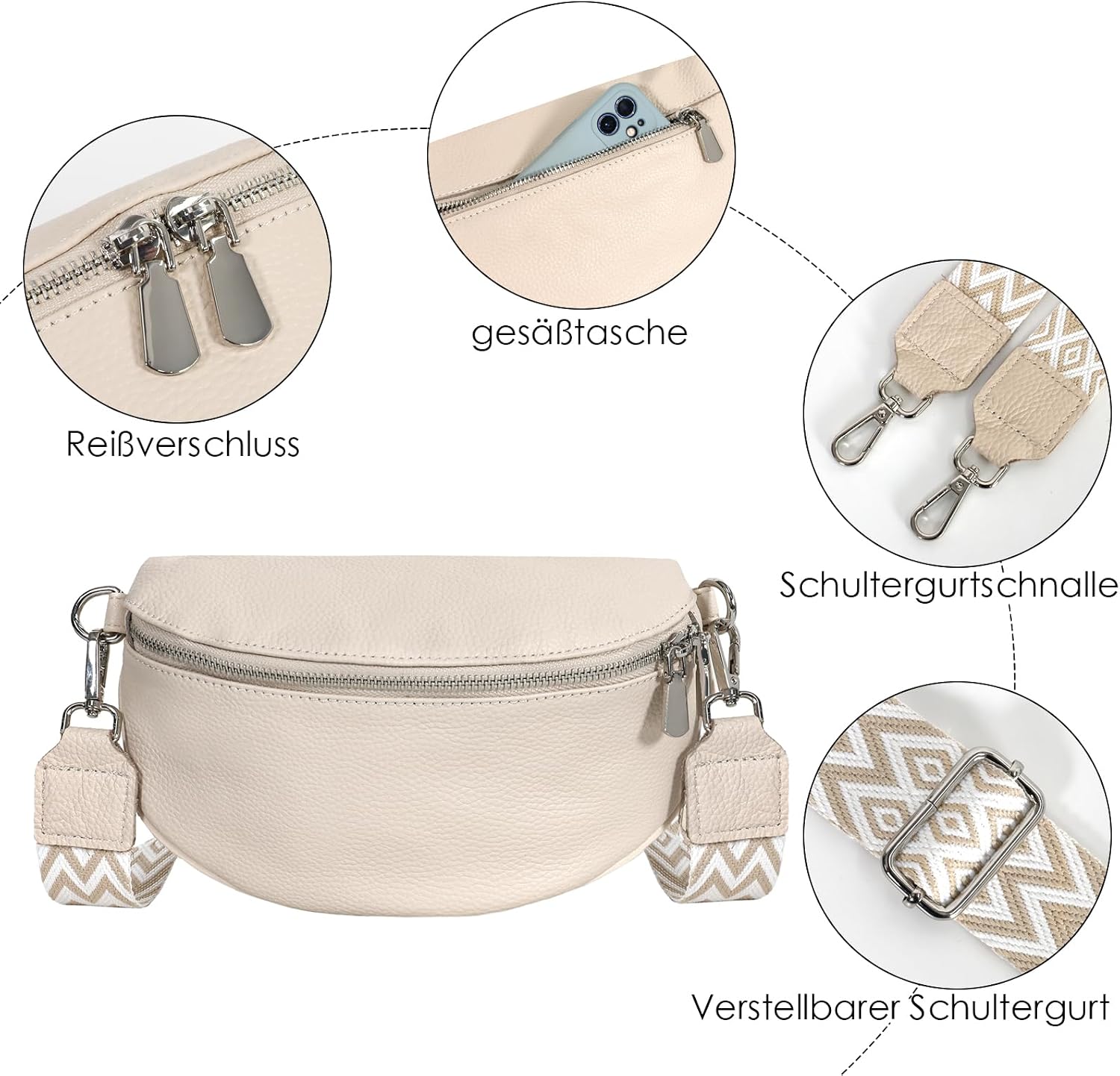 Detalle de TANTOMI Damen Umhängetasche Bauchtasche aus Leder – Crossbody/Gürteltasche mit breitem verstellbarem Gurt
