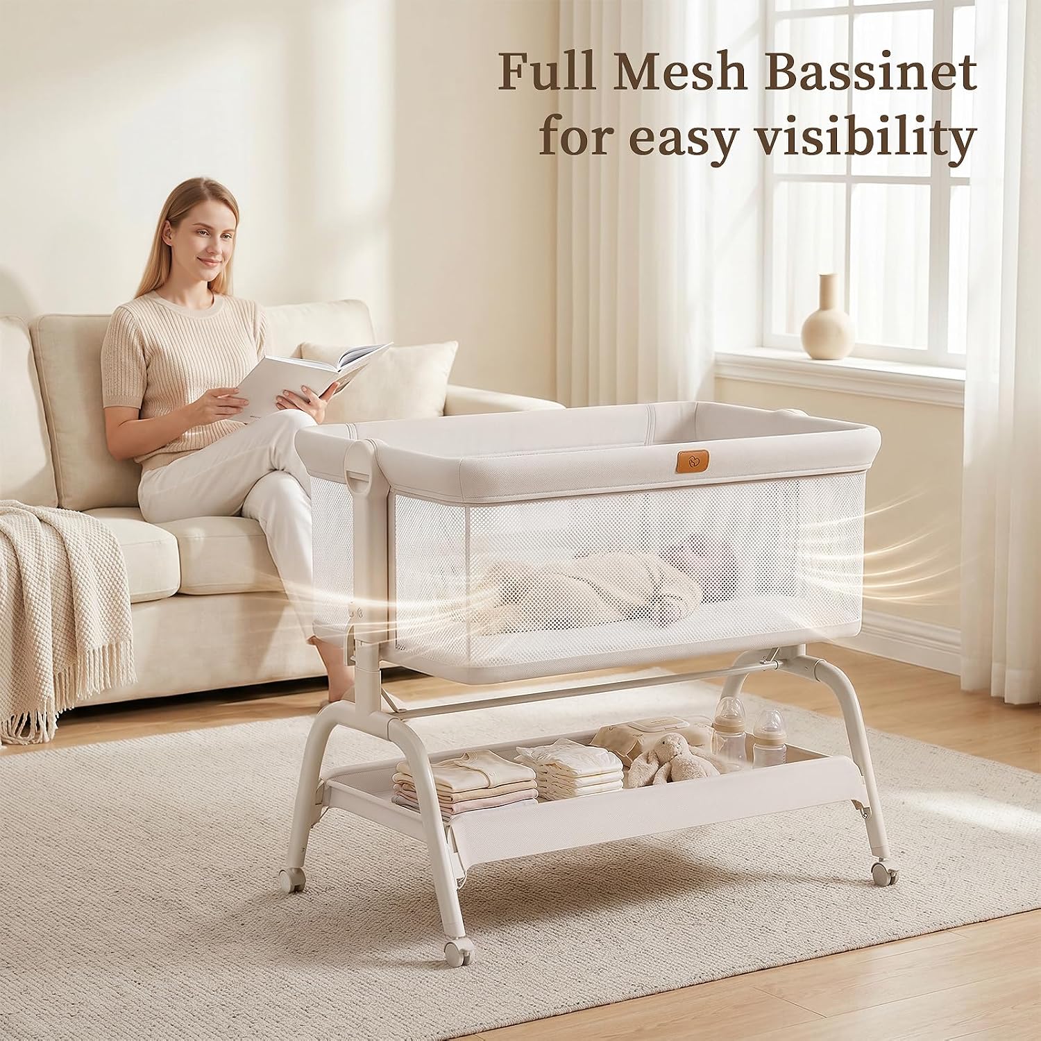 Detalle de BabyBond Bedside Crib with 6 Heights, Full Mesh, Mattress and Sheet