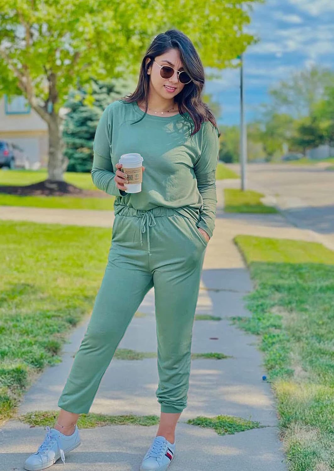 Detalle de PRETTYGARDEN Women Fall 2 Piece Lounge Outfit: Long Sleeve Top & High-Waisted Jogger Pants Set