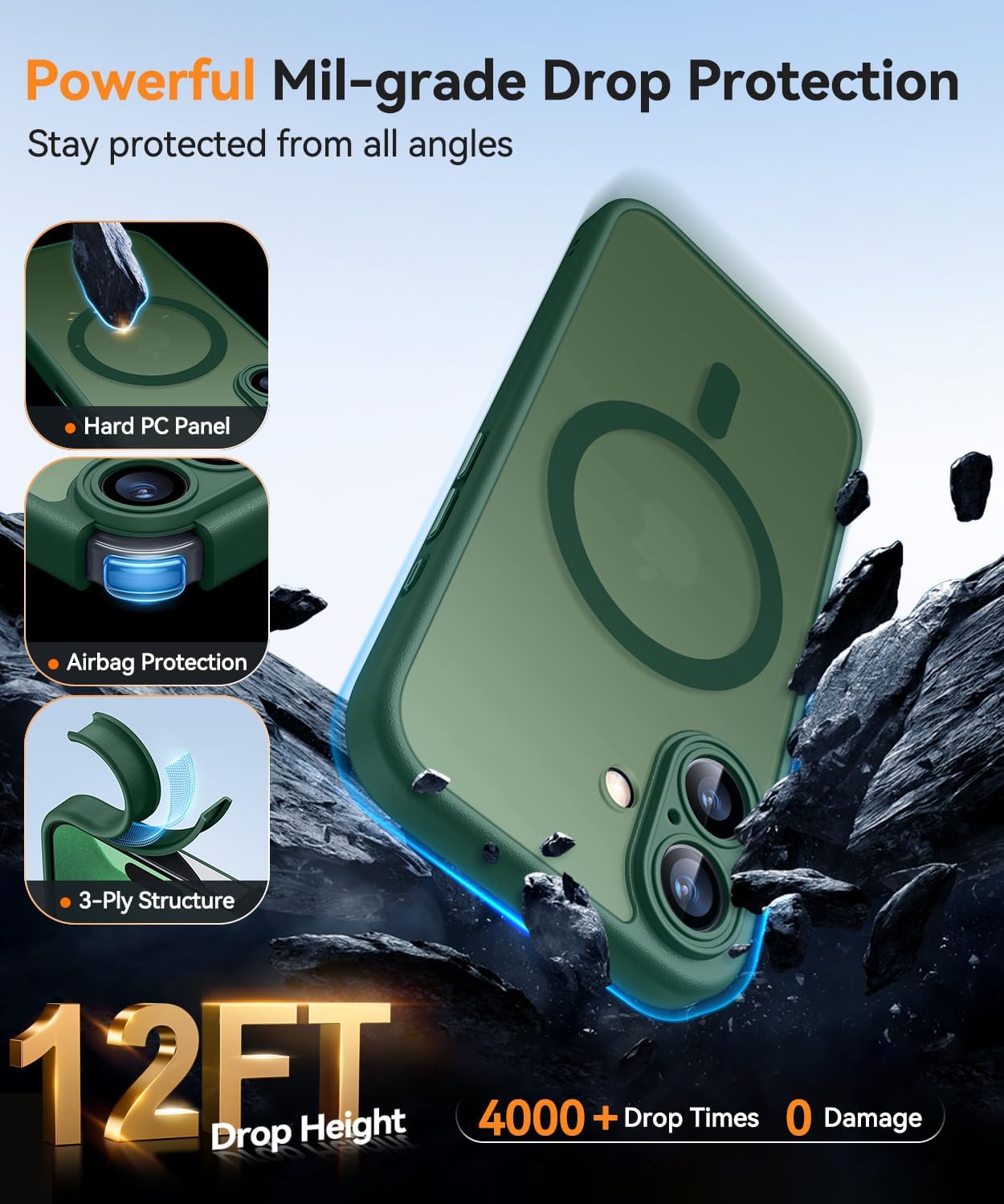 Detalle 2 de CANSHN Magnetic iPhone 17 Case (6.3") with full camera protection, MagSafe compatible, translucent matte – Deep Green