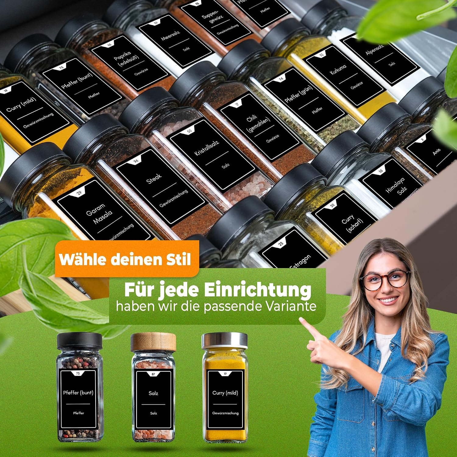Detalle de CLIDOR Gewürzgläser eckig, 24 × 125 ml – luftdicht, mit Streueinsatz & 248 Etiketten