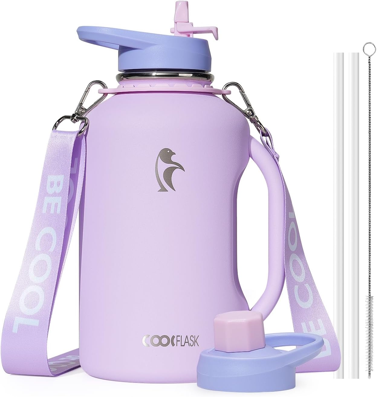 Detalle de Coolflask Half Gallon Water Bottle with Straw – 64 oz Insulated Stainless Steel with Handle (Lavender)