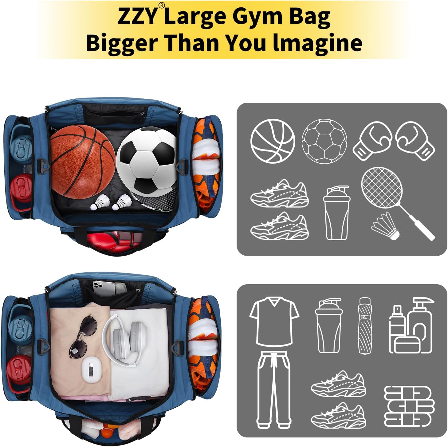 Thumbnail 3 de 55L Large Sports Holdall Bag for Men — 22 Inch Gym Duffle with Multi Pockets in Blue