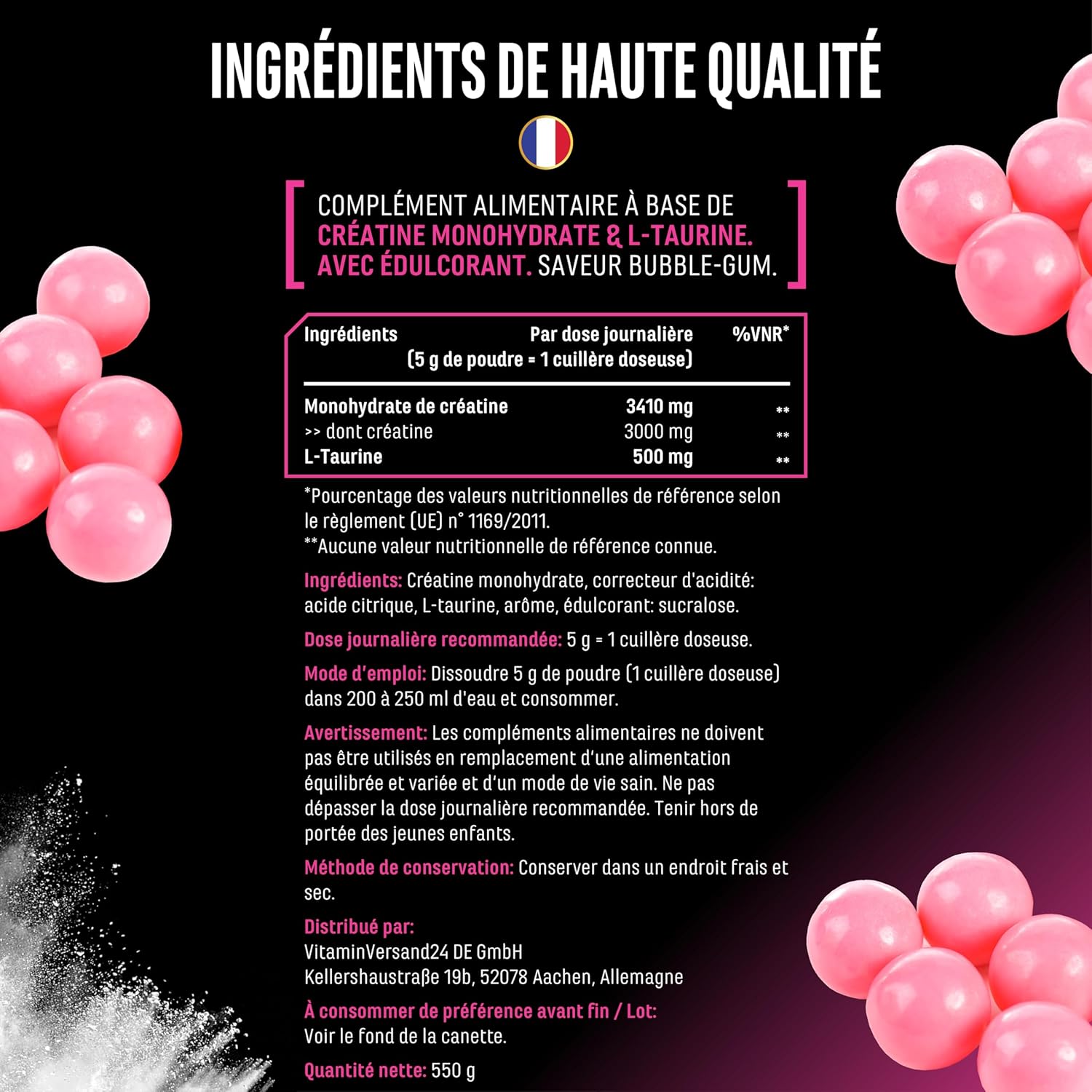 Thumbnail 4 de Flavoured Creatine poudre 550 g – Créatine monohydrate aromatisée avec L-taurine, vegan et sans sucre