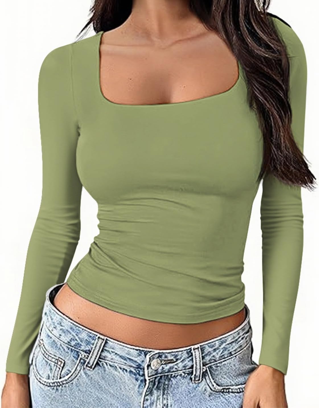 Detalle de OYIGELZ Women's Long Sleeve Square Neck Cotton Crop Top – Versatile Y2K-Influenced White Tee for Everyday Looks
