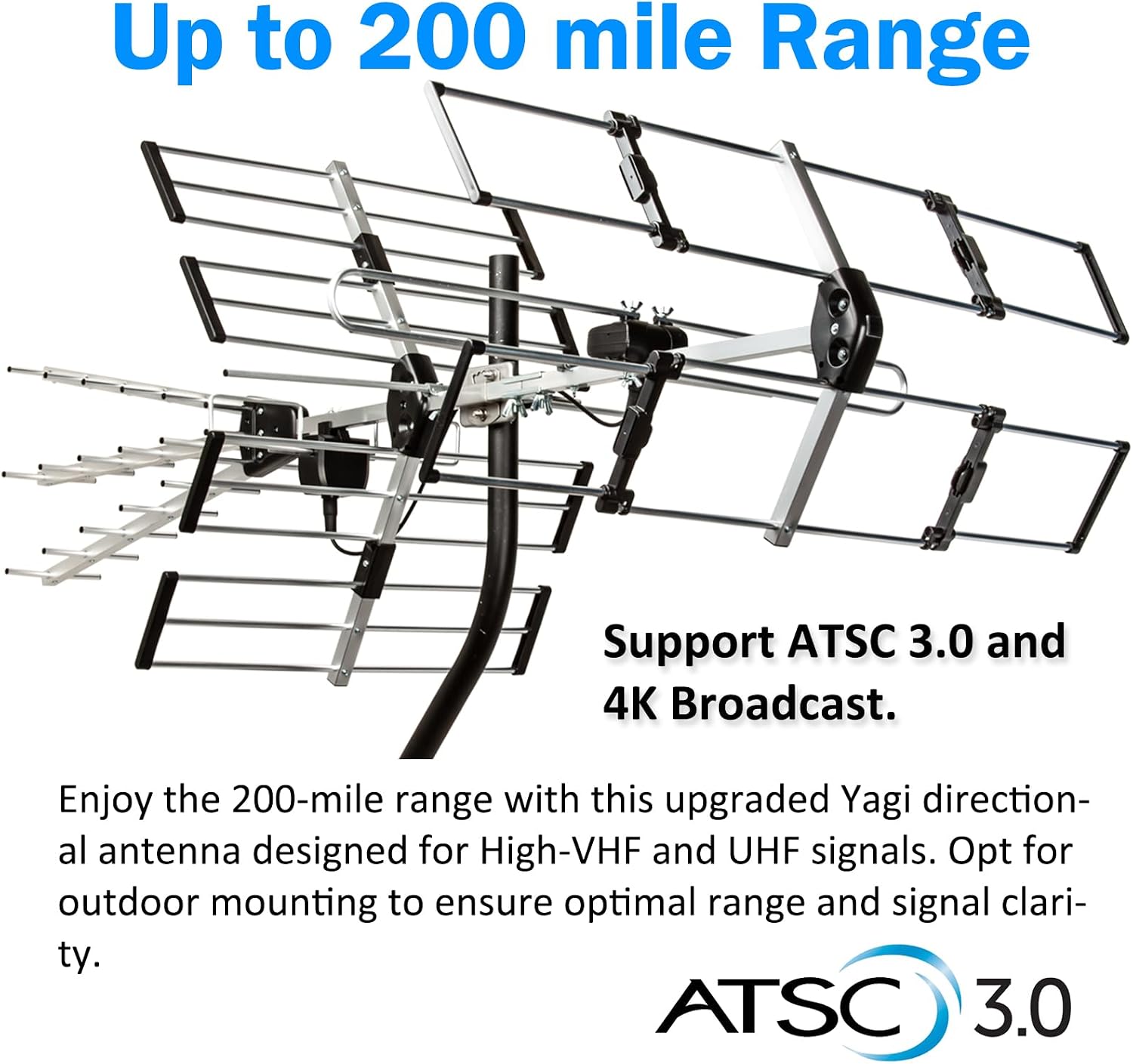Detalle de Five Star Outdoor TV Antenna 200 Miles Long Range: Upgraded Yagi for HD VHF/UHF with ATSC 3.0 and 4K Broadcast