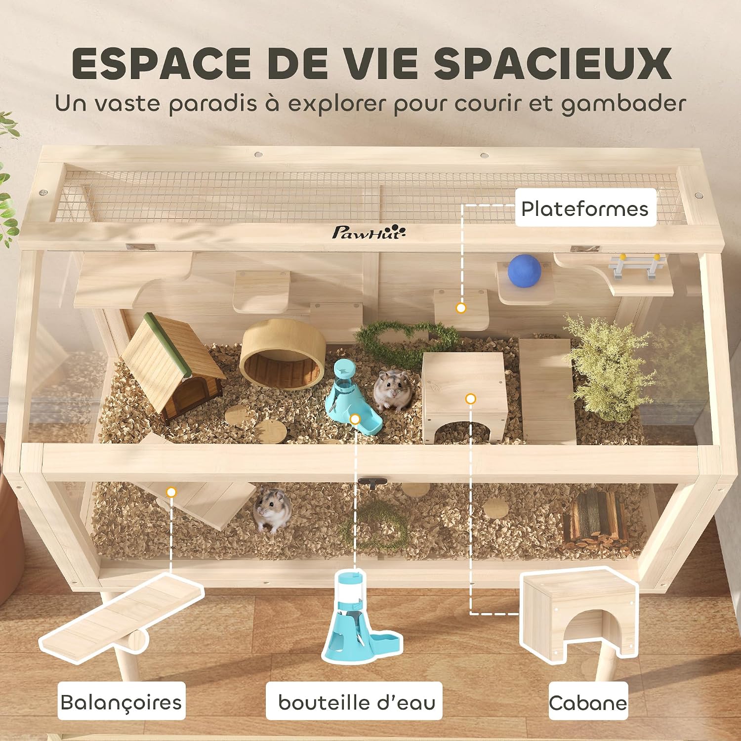 Detalle de PawHut Cage Hamster en bois FSC avec toit ouvrable, 7 plateformes, 2 balançoires et bouteille d’eau (110 x 52 x 101 cm)