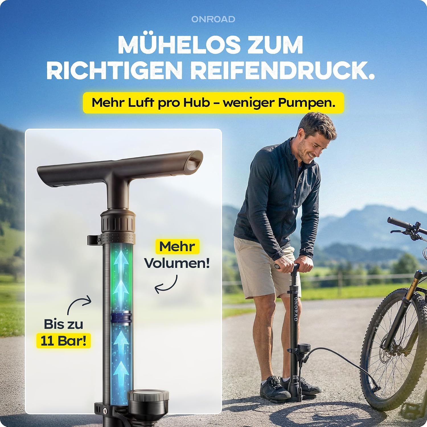 Detalle 2 de ON‑AIR Fahrradpumpe für alle Ventile (Presta/SV, AV, DV) – Standluftpumpe mit großem Manometer, Adapter & Ballnadel