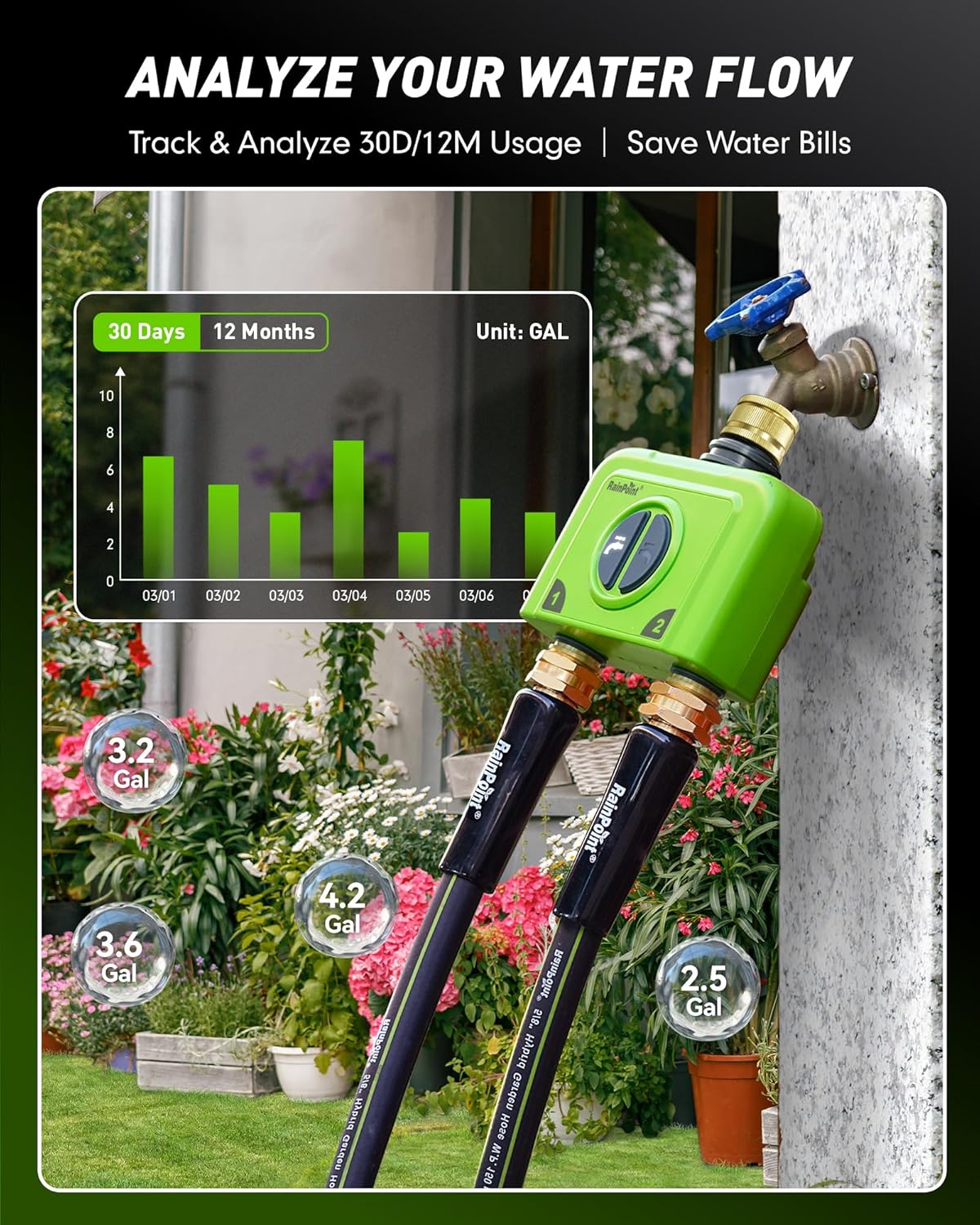 Thumbnail 4 de RAINPOINT WiFi Water Timer (2 outlets) – smart irrigation hose timer with brass inlet/outlet and weather-based control