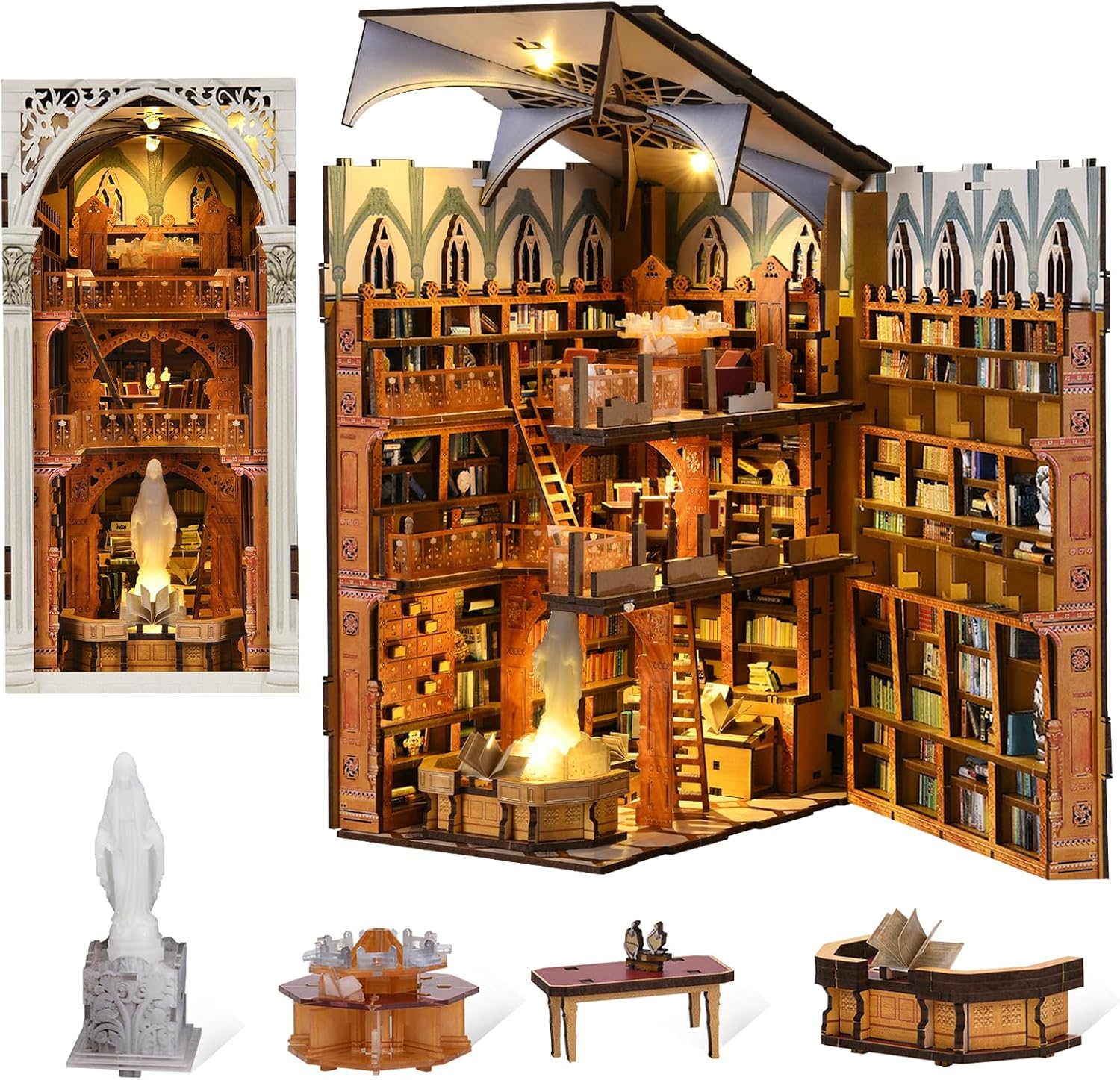 CCCDF Book Nook Kit: DIY 3D Wooden Miniature Library with LED Light and Dust Cover