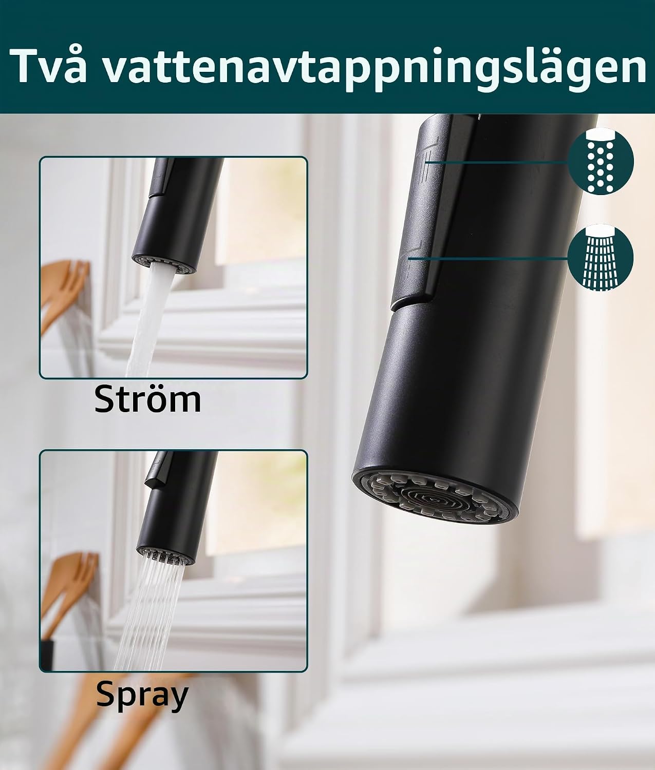 Detalle de Süßren köksblandare i rostfritt stål med utdragbar dusch, 360° och två strållägen