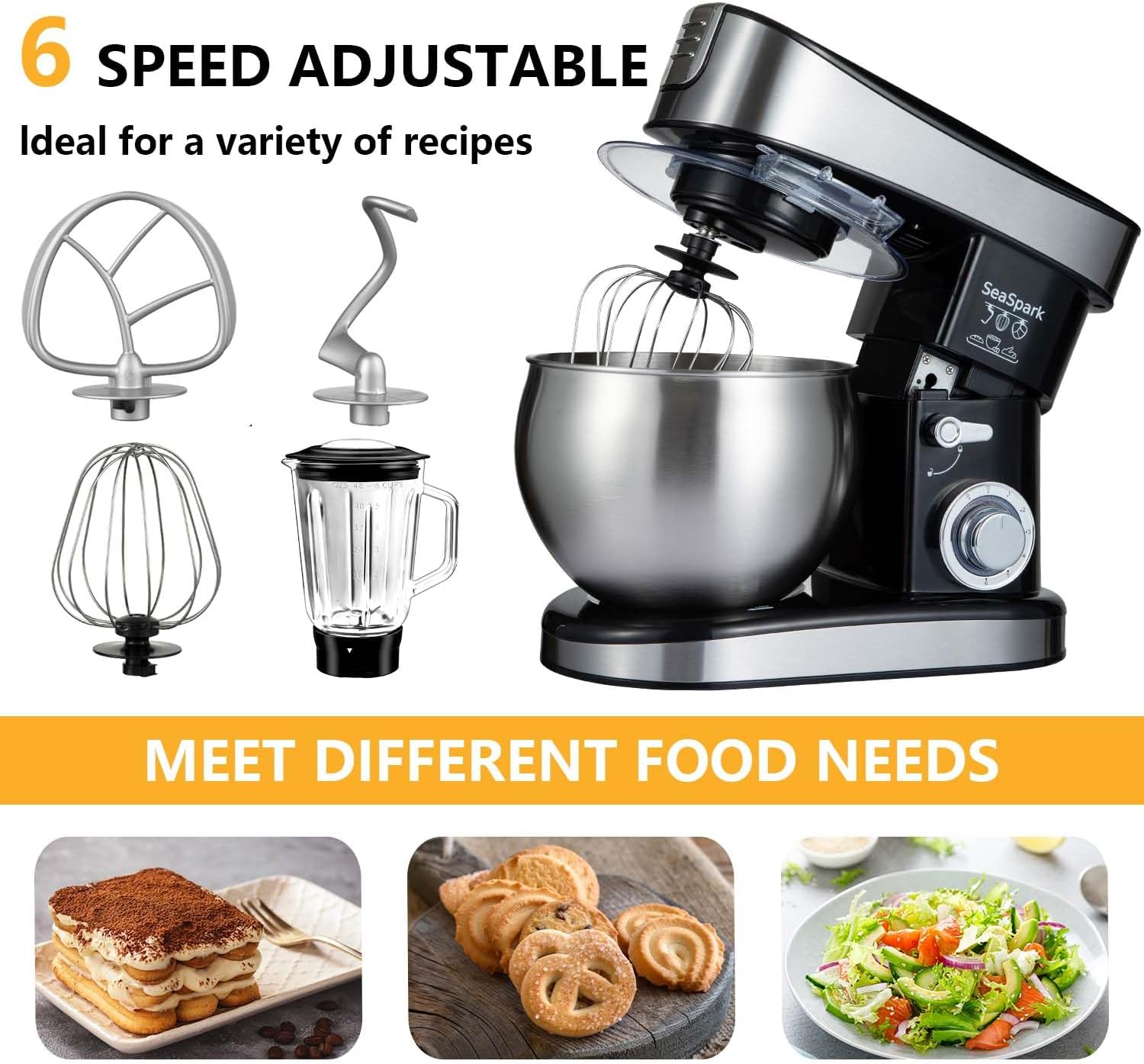 Thumbnail 2 de SeaSpark Multifunctional 6-in-1 Stand Mixer (6.3Qt Tilt-Head) with Stainless Steel Bowl, Meat Grinder & Juice Blender, Black (SC-213C)