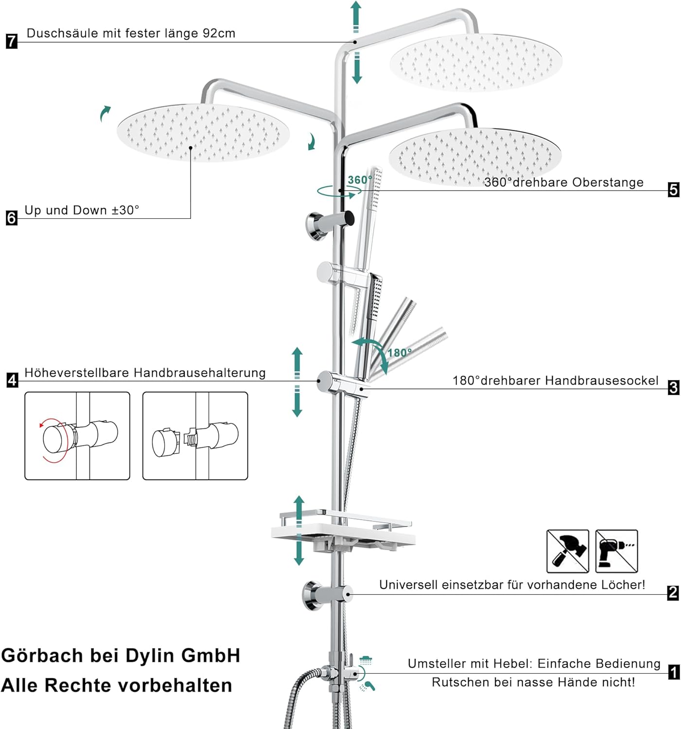 Thumbnail 3 de Görbach Colonna doccia in acciaio inox senza miscelatore con soffione pioggia, saliscendi e mensola (D25 cm)