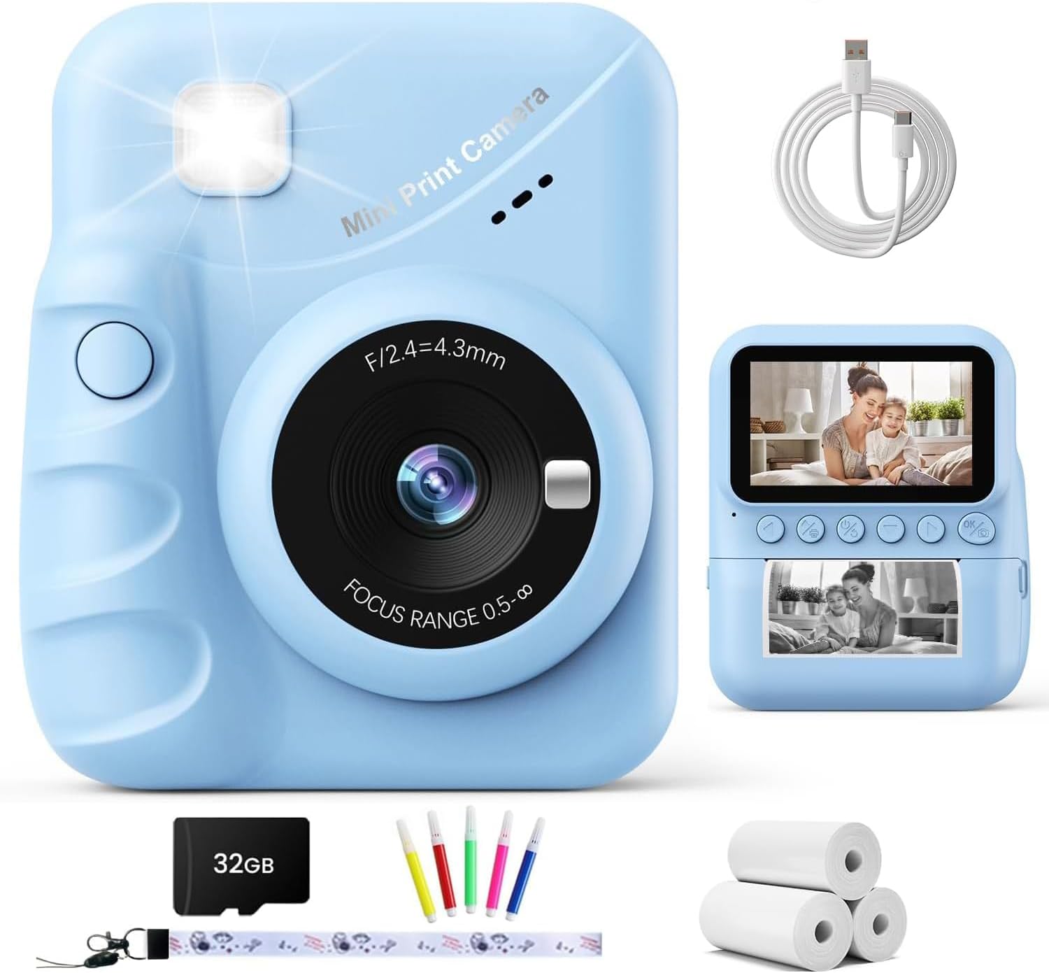 Detalle de TIATUA Macchina Fotografica Bambini Istantanea 3.0" Blu con 32GB e 3 Rotoli di Carta - Regalo Educativo per Ragazze e Ragazzi 3–12