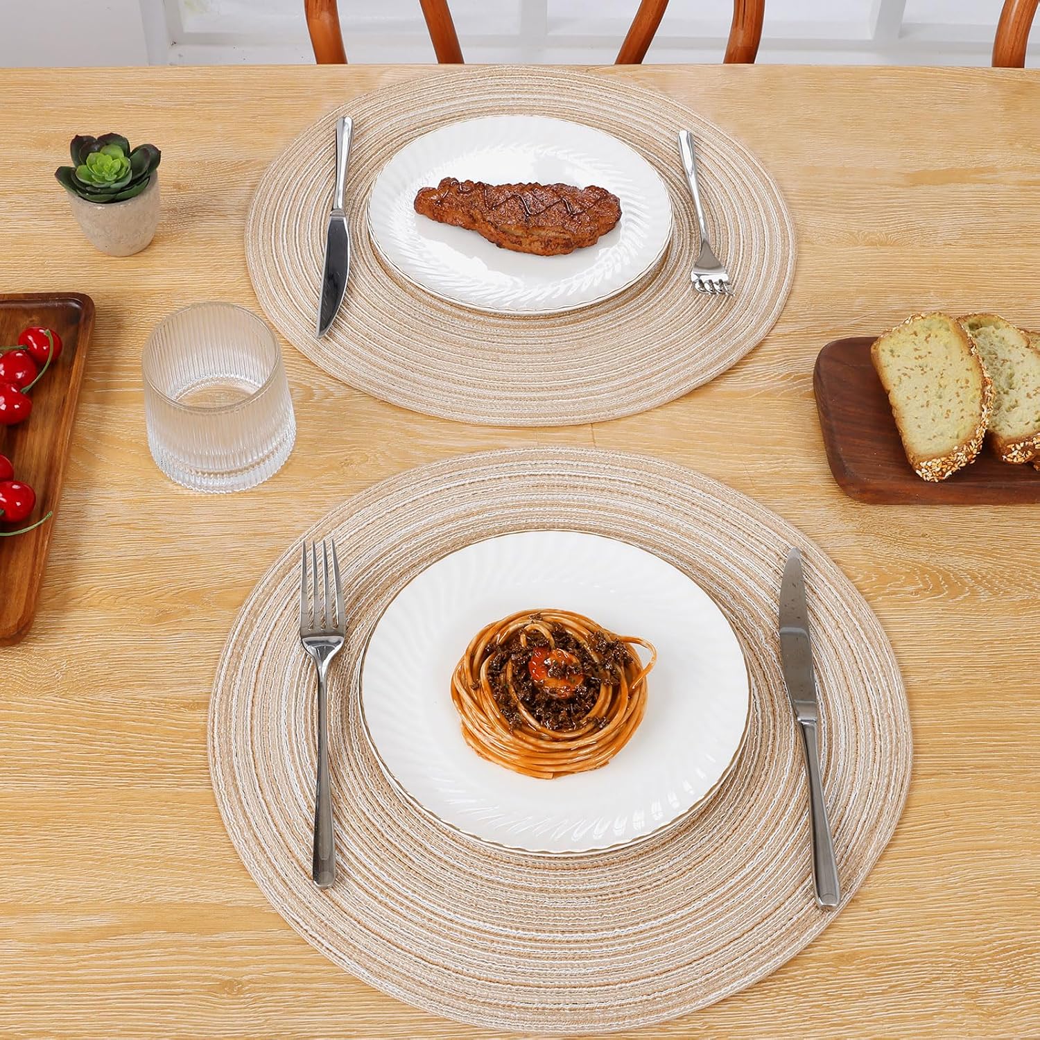 Thumbnail 4 de SHACOS Round Braided Placemats Set of 4 – 15 inch Beige Round Table Mats