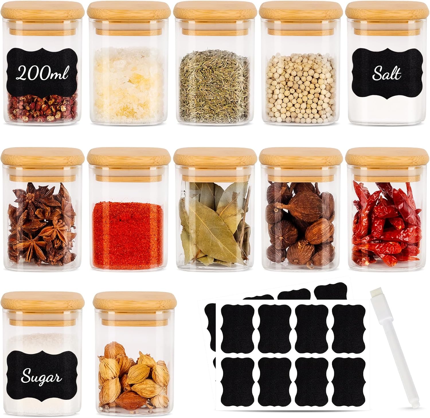 Detalle de Solvant vierkante kruidenpotjes, 12 × 200 ml, luchtdicht glas met houten deksel