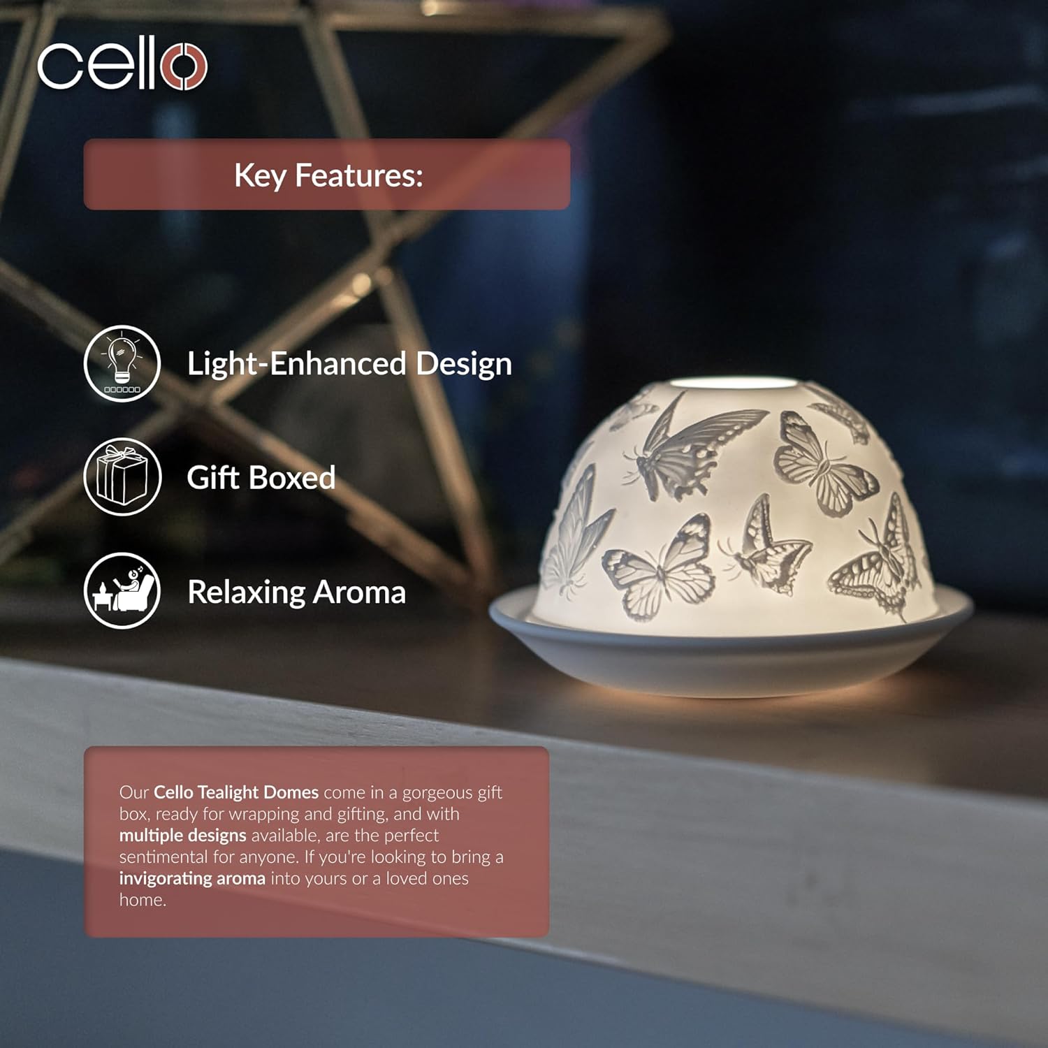 Thumbnail 4 de Cello Porcelain Tealight Holder Dome (Butterflies 3D Projection) LED or Tealight Wax Warmer – Gift-ready ornament