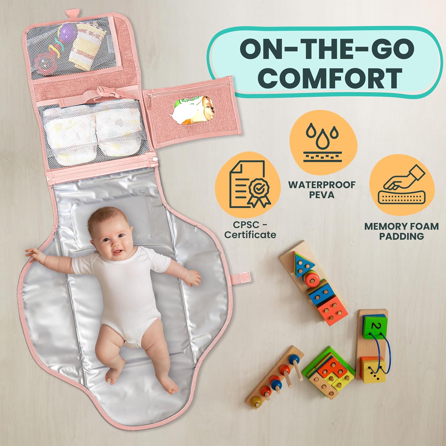 Detalle 2 de PILLANI Portable Baby Changing Pad, 27 x 22-Inch Waterproof Mat with Storage