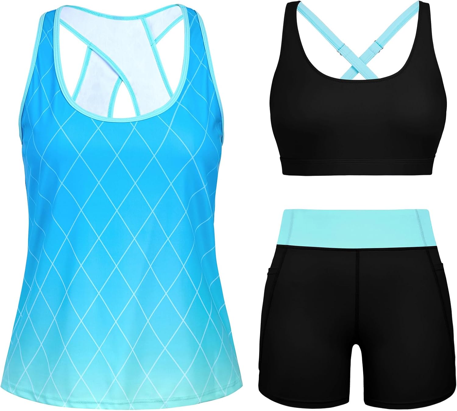 Thumbnail 6 de HUSKARY 3 Piece Tankini Swimsuits for Women: Tankini Top, High-Waist Boyshorts with Pockets