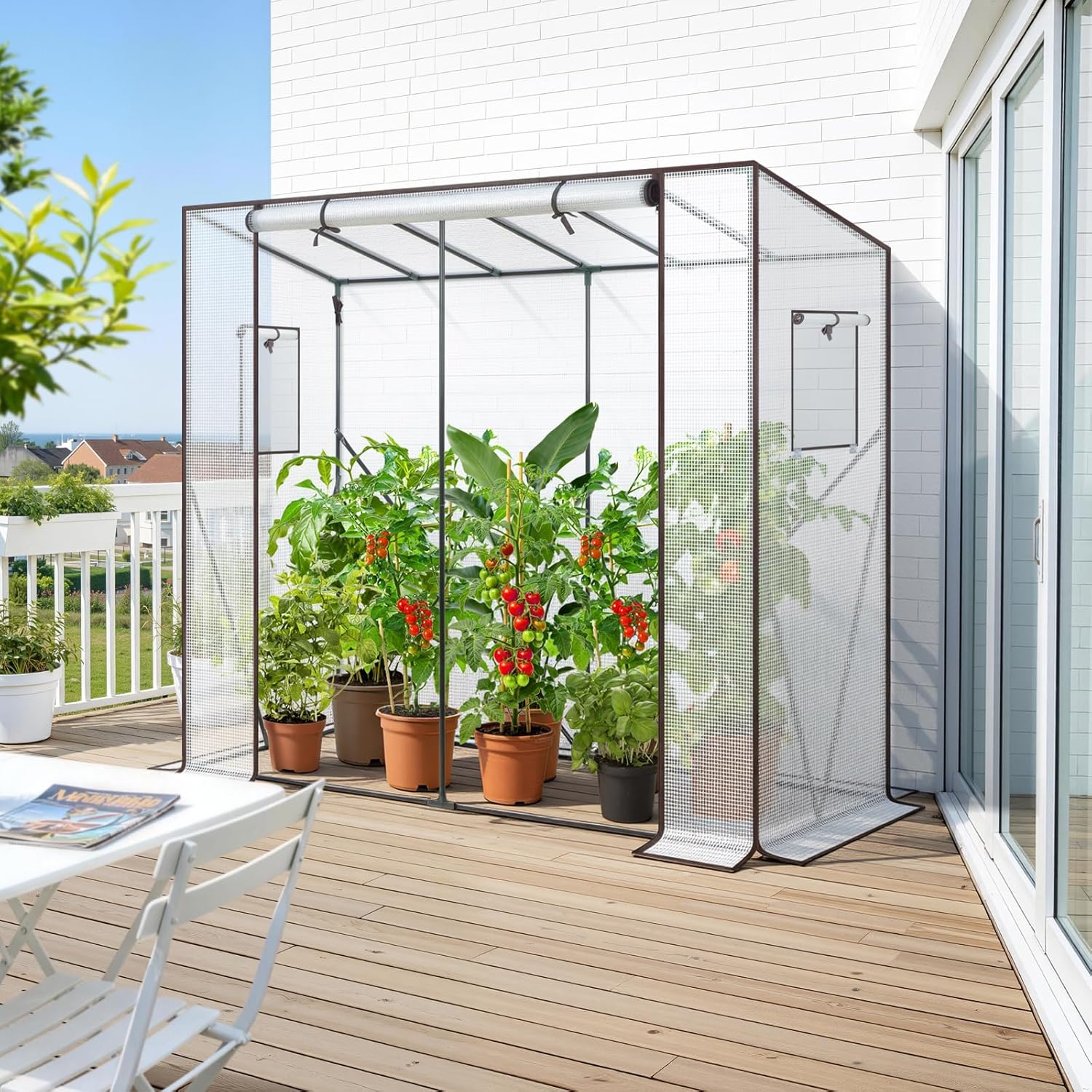 Thumbnail 6 de Ohuhu Walk In Greenhouse (Portable Tomato Greenhouse) with PE Cover & Roll-Up Door, White 200x77x170 cm