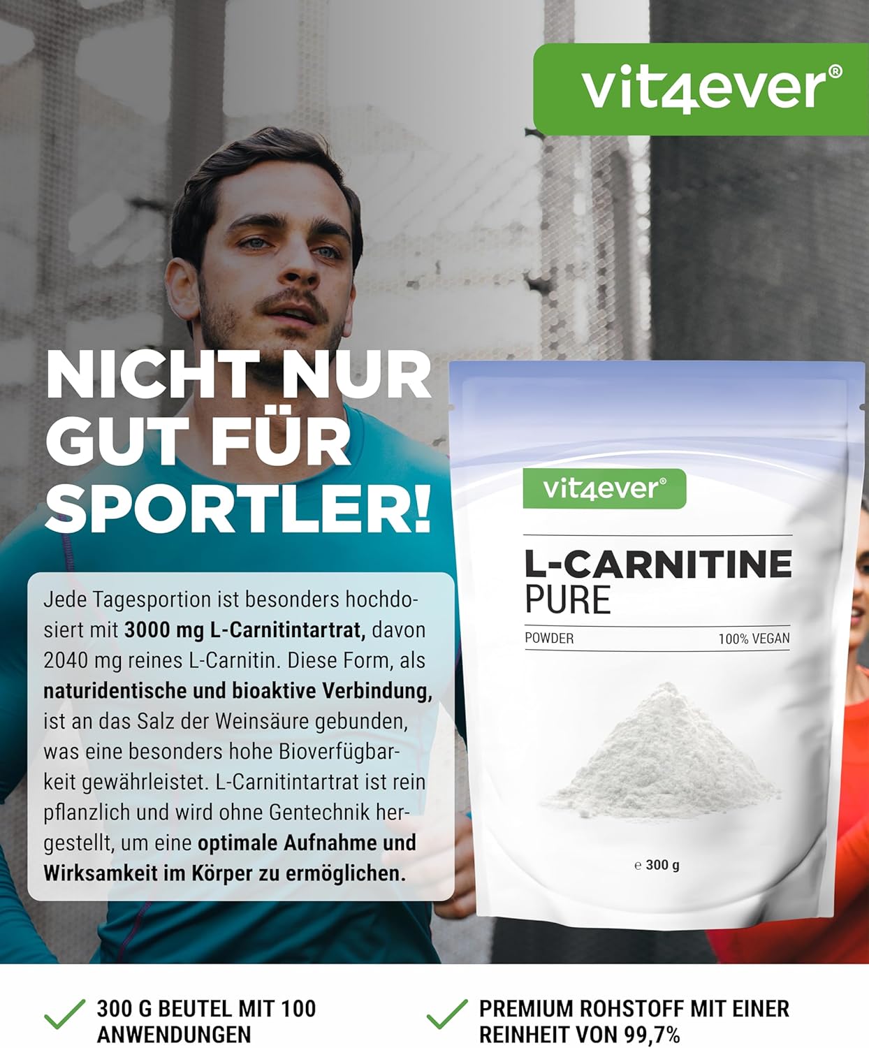 Detalle de vit4ever L-Carnitin Pure 300 g Pulver (L-Carnitin-Tartrat) – 100 Portionen