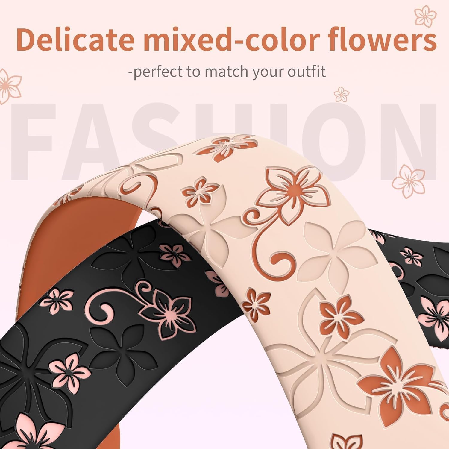 Thumbnail 1 de Floral Engraved Silicone Strap for Apple Watch (38–49mm): Two-Tone Floral Band for Women