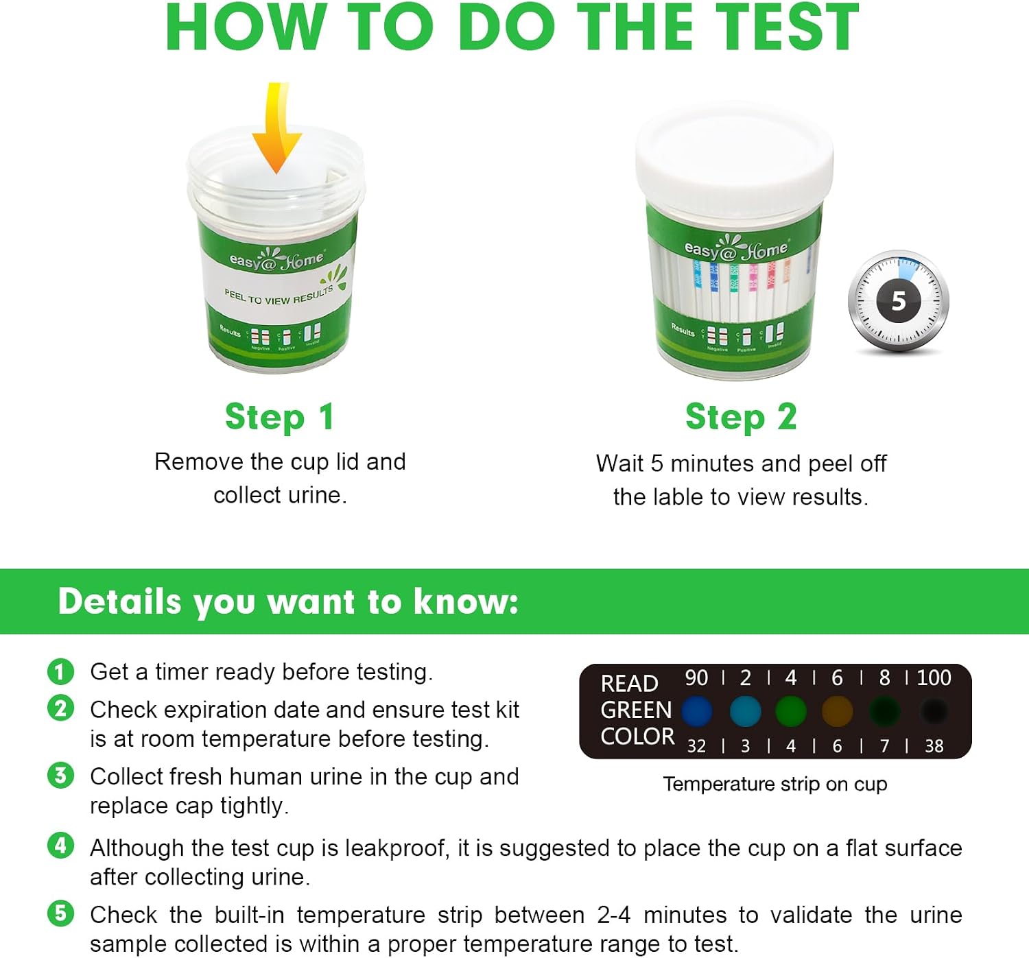 Detalle de Easy@Home ECDOA-7124 12-Panel Urine Test Cup, 5-Pack with Temperature Strip