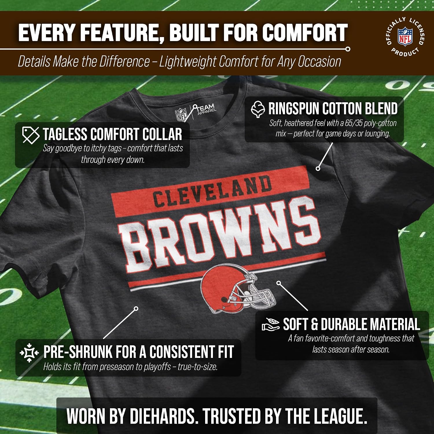 Detalle de NFL Cleveland Browns Charcoal T-Shirt, Tagless Cotton-Blend Unisex Tee