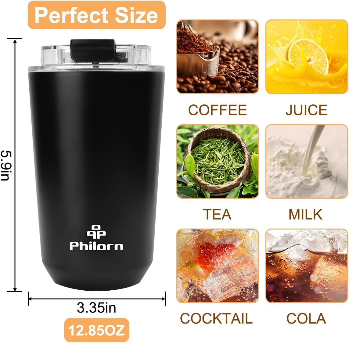 Detalle de PHILORN P922 geïsoleerde reismok 380 ml, dubbelwandig en zwart