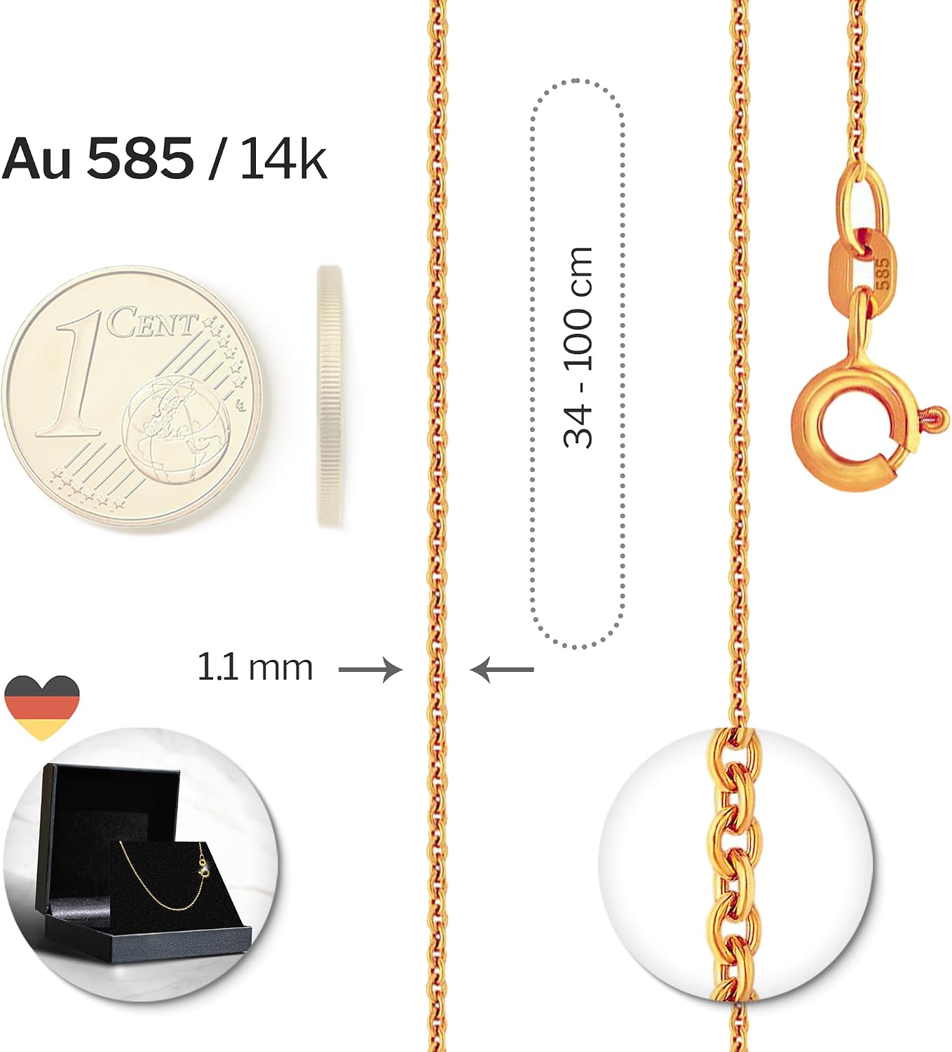 Detalle 2 de EDELIND Catenina Donna Oro Giallo 14K 333/375/585/750 – Collana Ancora Rotonda 1,1 mm, 65 cm con scatola regalo