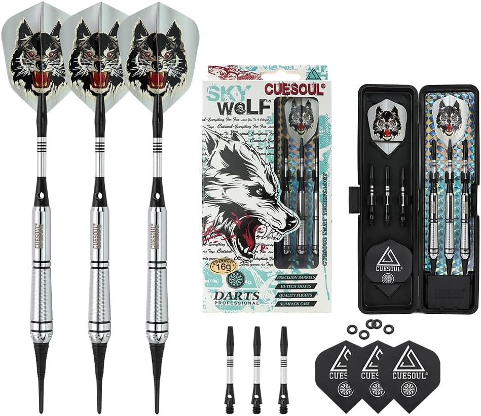 CUESOUL Sky Wolf : fléchettes avec pointes souples et étui (barils laiton, 16 g)