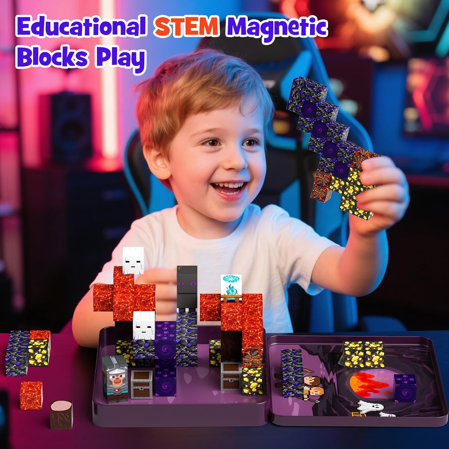 Detalle de STEM MATCH Mattoncini magnetici da viaggio per bambini – 49 pezzi Esploratori delle caverne
