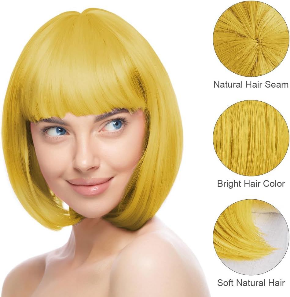 Thumbnail 2 de Aomig Short Bob Wig Set for Women – 3 Pack in Neon Lemon Yellow with Caps, Bangs, and Accessories