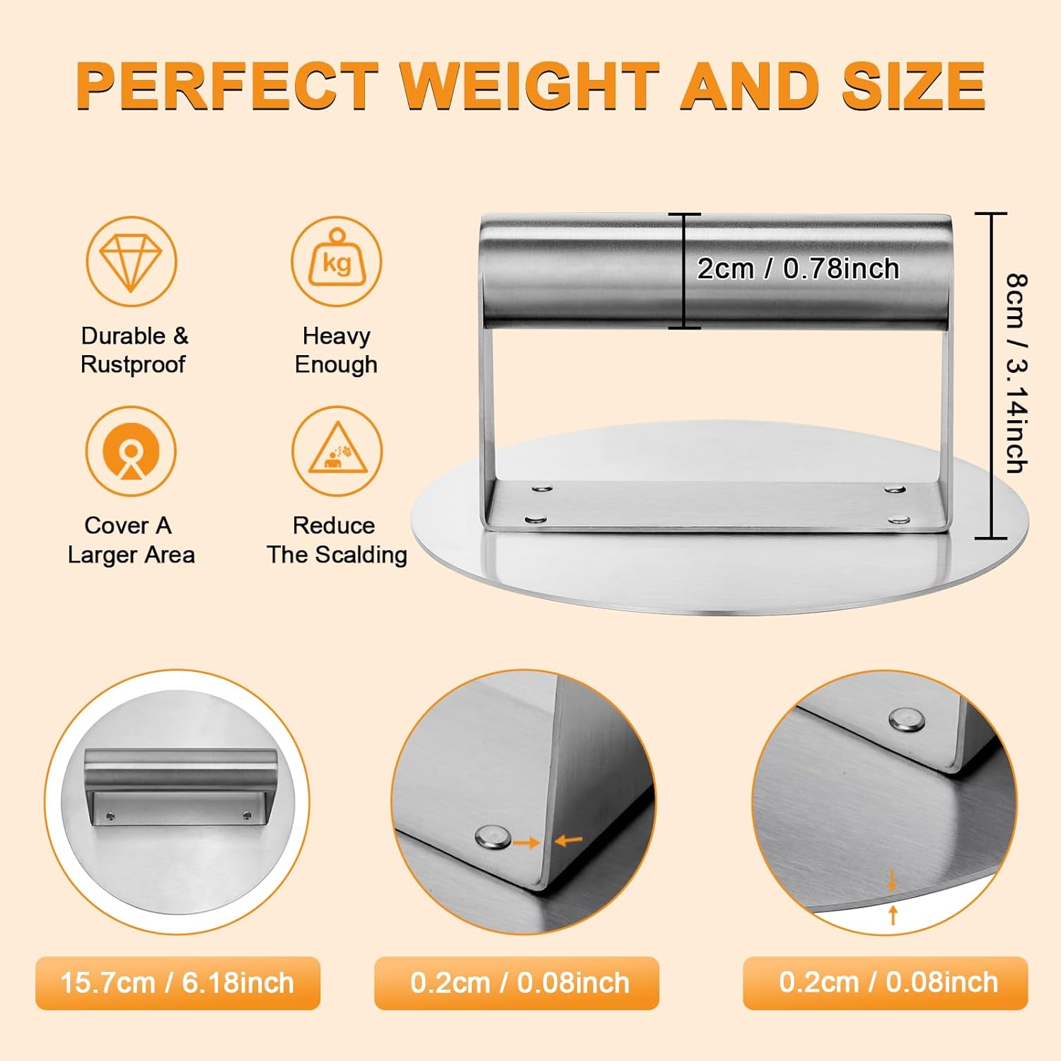 Detalle de Whaleme 6.2-Inch Stainless Steel Burger Press: One-Piece, Non-Stick Smash Tool for Perfect Burgers