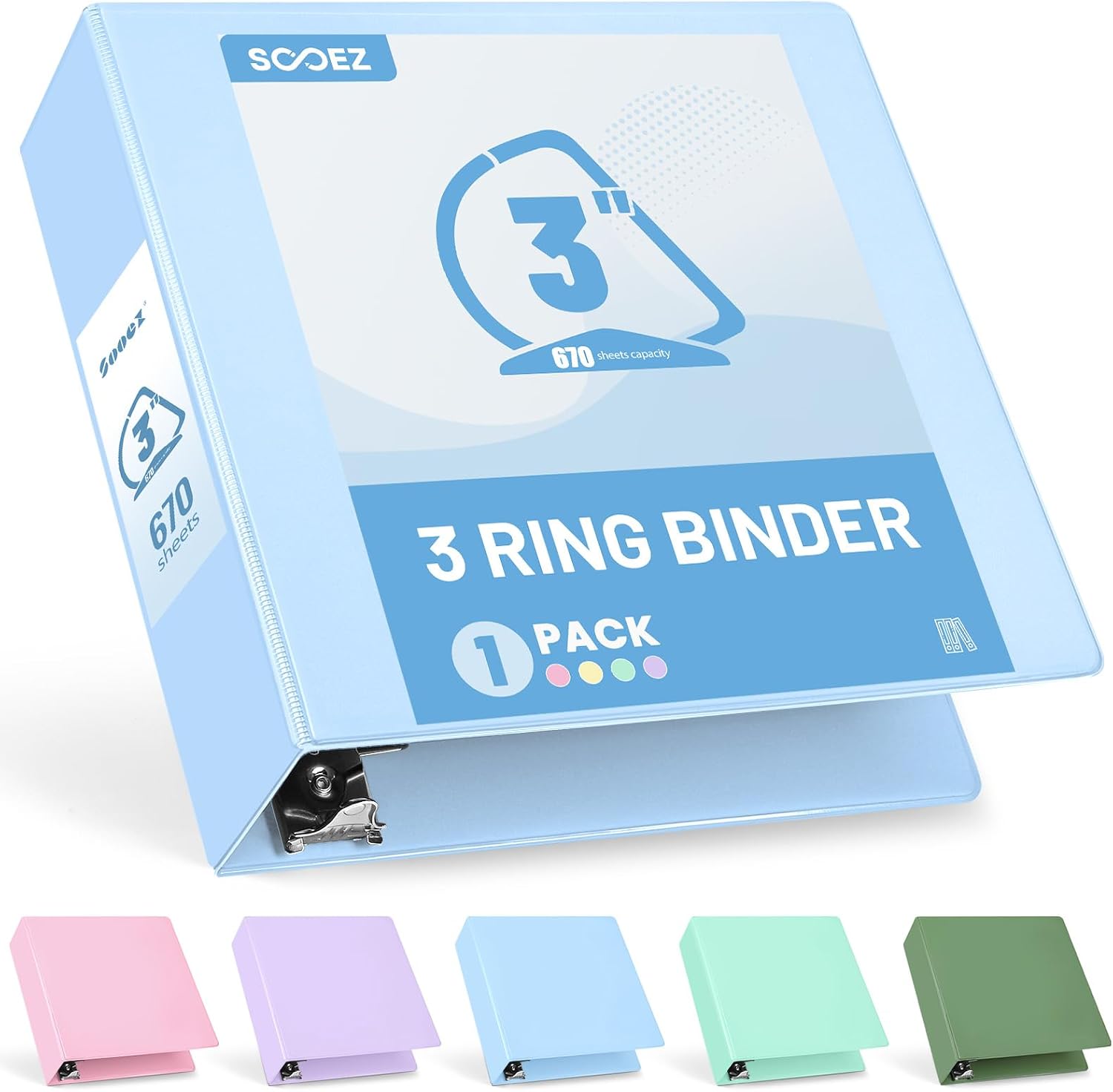 Detalle de Sooez SZA1602-9701A 3-Inch D-Ring Binder, Light Blue, 670-Sheet Capacity