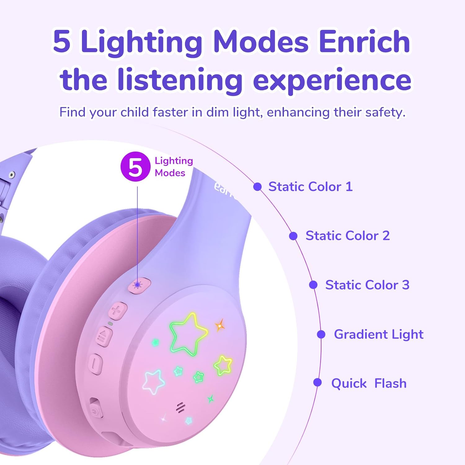 Thumbnail 2 de EarFun Kids Bluetooth Headphones (Pink) with LED lights, safe volume limit and 90H playtime